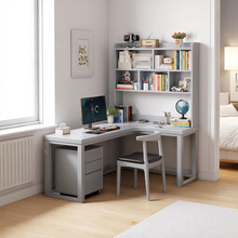 Load image into Gallery viewer, L-Shaped Solid Wood Study Table with Bookshelf for Students & Home Office - Mr Nanyang