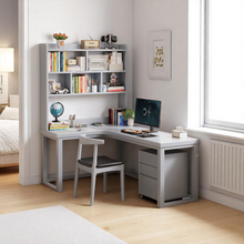 Load image into Gallery viewer, L-Shaped Solid Wood Study Table with Bookshelf for Students & Home Office - Mr Nanyang