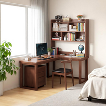 Load image into Gallery viewer, L-Shaped Solid Wood Study Table with Bookshelf for Students & Home Office - Mr Nanyang