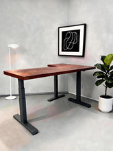 Load image into Gallery viewer, Solid wood L-shaped standing desk with walnut-finish rubberwood top and black steel legs