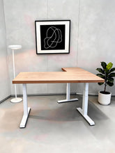 Load image into Gallery viewer, Height-adjustable L-shaped standing desk in natural solid rubberwood with white steel legs
