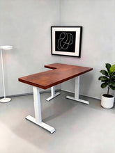 Load image into Gallery viewer, Walnut-finish solid wood L-shaped standing desk with white steel legs
