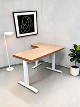 Load image into Gallery viewer, Natural solid rubberwood L-shaped standing desk with white steel legs