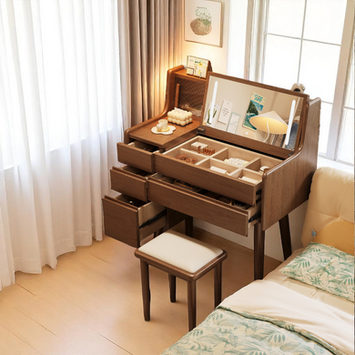 Compact Wooden Dressing Table with Vanity Mirror & Drawers - Mr Nanyang
