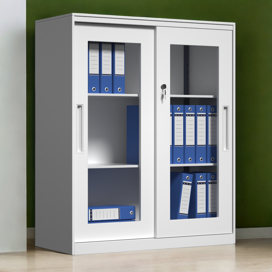 Steel cupboard deals with glass doors