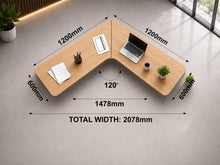 Load image into Gallery viewer, Dimension diagram for the TriFlex Single with 1200 mm arms, 2078 mm total width and 600 mm depth at a 120-degree angle