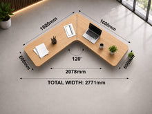 Load image into Gallery viewer, Dimension diagram for the TriFlex Single with 1600 mm arms, 2771 mm total width and 600 mm depth at a 120-degree angle