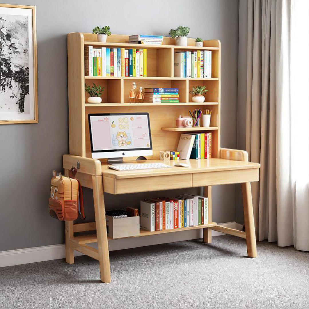 Solid Wood Study Table with Shelves-Drawers - Mr Nanyang
