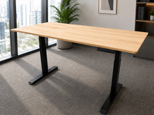 Load image into Gallery viewer, Natural Finish solid rubberwood adjustable study table with black steel legs, at seated height