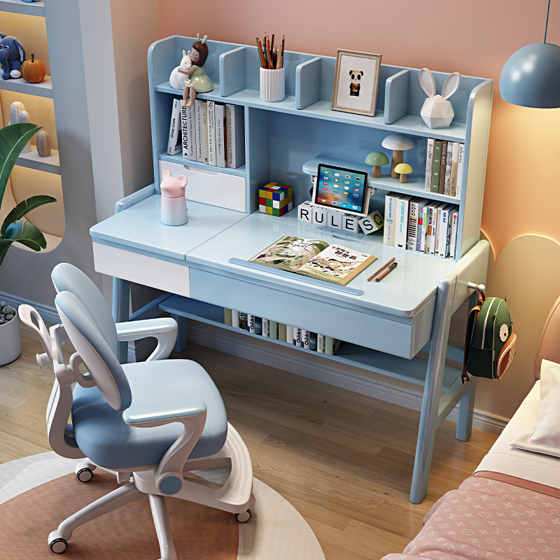 Solid Wood Study Table with Integrated Bookshelf Hutch