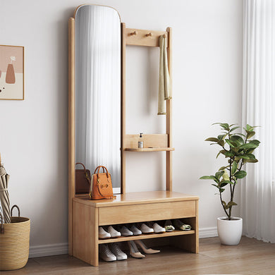 Solid Wood Clothes Rack with Mirror and Shoe Storage