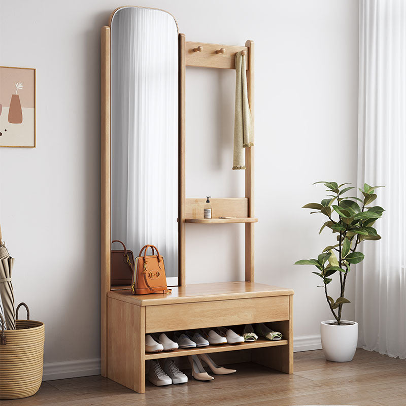 Solid Wood Clothes Rack with Mirror and Shoe Storage