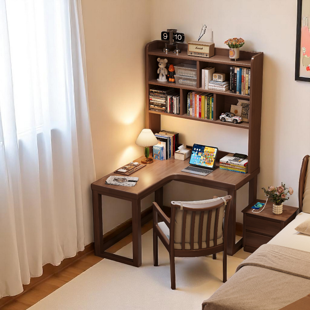 L Shape Study Room Corner L-Shaped Study Table - Solid Wood Desk with Bookshelf - Mr Nanyang