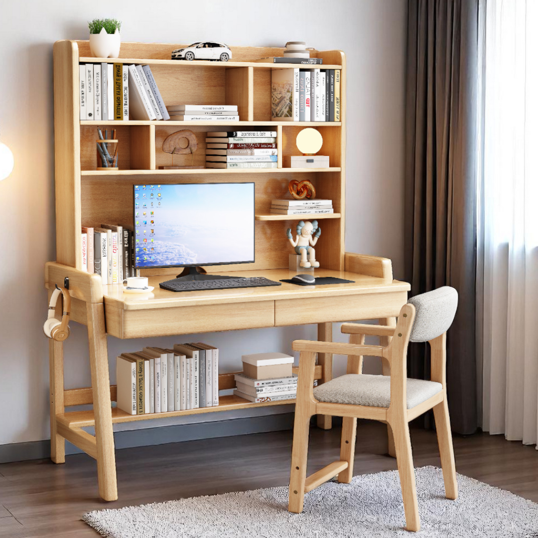 Study Tabe With Racks Solid Wood Study Table with Shelves-Drawers - Mr Nanyang