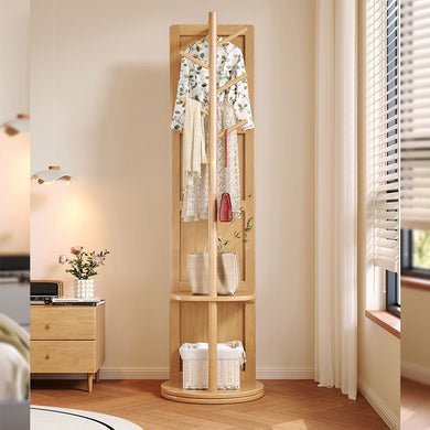 Standing Mirror Clothes Rack - Rotating Solid Wood Design with Hooks