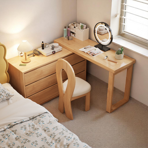 L-Shaped Solid Wood Dressing Table Corner Vanity with 6 Drawers - Mr Nanyang