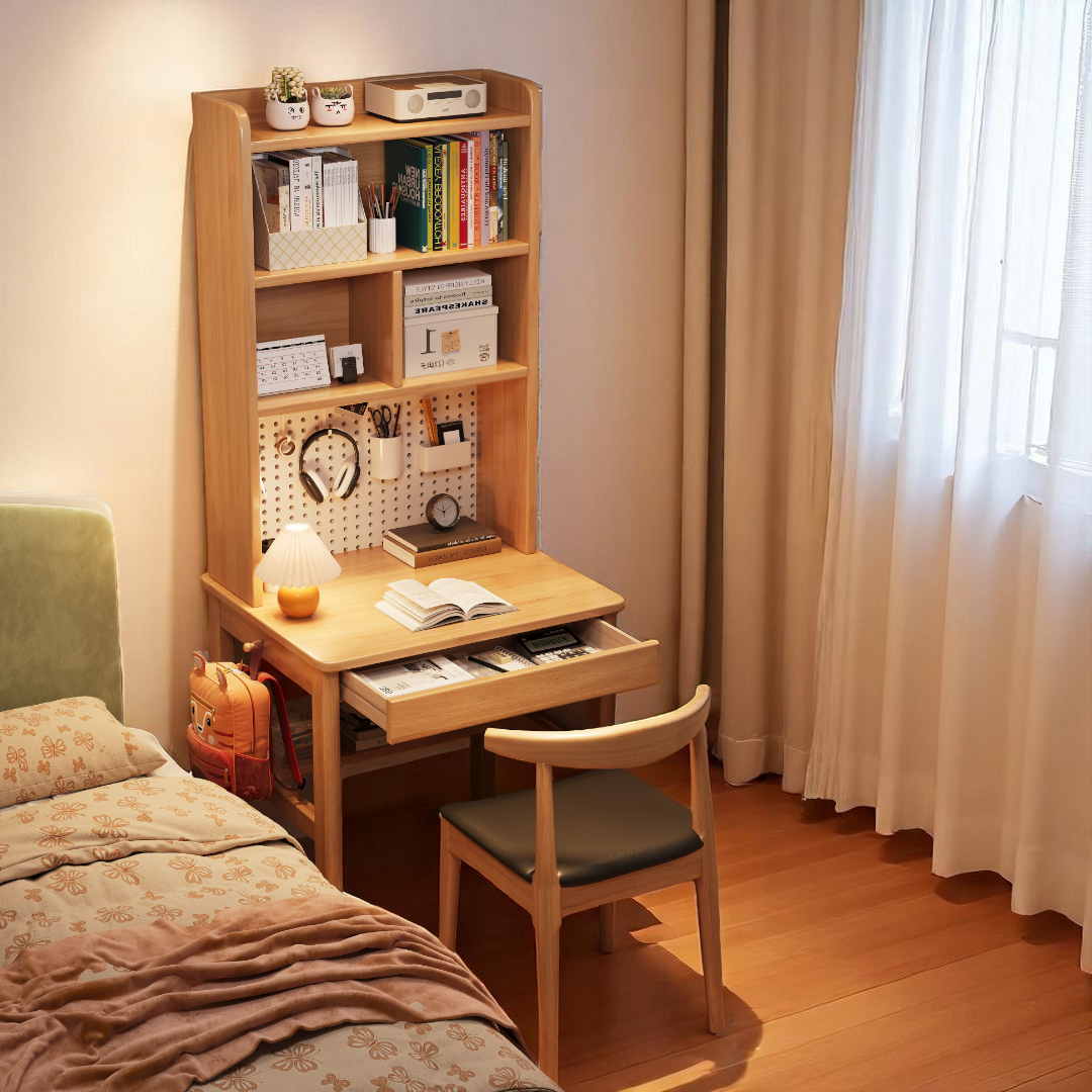 Space-Saving Study Table with Vertical Bookshelf: Solid Wood - Mr Nanyang