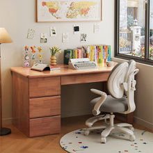 Load image into Gallery viewer, Wooden study table with 3 drawers and a grey ergonomic study chair in a child's study corner