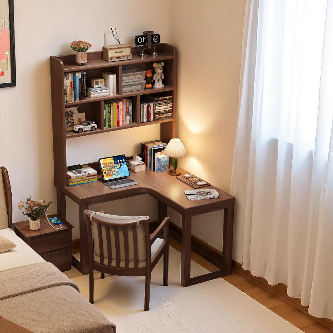 L Shape Study Room Corner L-Shaped Study Table - Solid Wood Desk with Bookshelf - Mr Nanyang