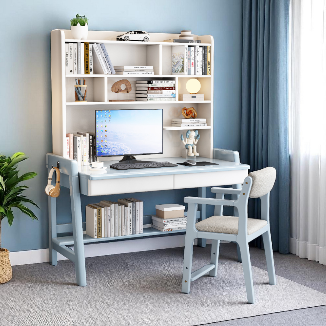 Solid Wood Study Table with Shelves-Drawers - Mr Nanyang