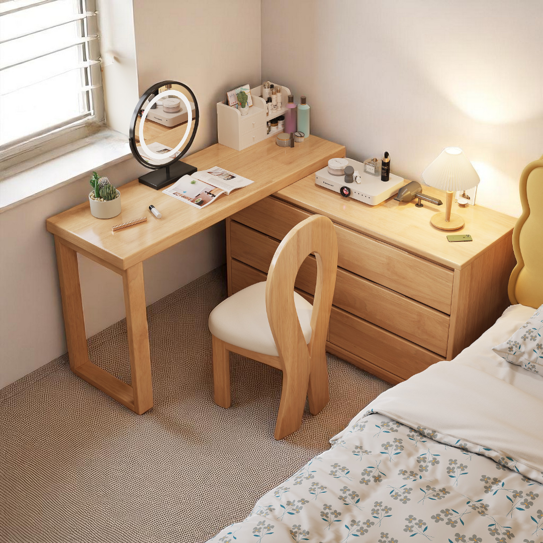 L-Shaped Solid Wood Dressing Table: 6 Drawer Design