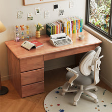 Load image into Gallery viewer, Angled view of solid wood study desk with side drawer unit and adjustable ergonomic chair
