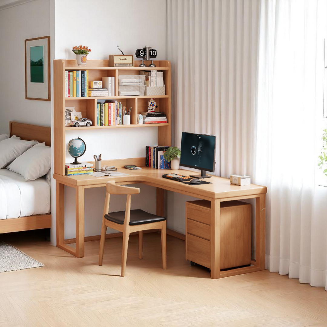Lewis Study Table L-Shaped Solid Wood Study Table with Bookshelf Space - Mr Nanyang