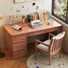 Load image into Gallery viewer, Solid wood study table with cushioned wooden armchair, world map poster above the desk