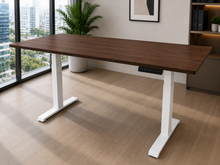 Load image into Gallery viewer, Walnut Finish rubberwood adjustable study table with white legs in a home office