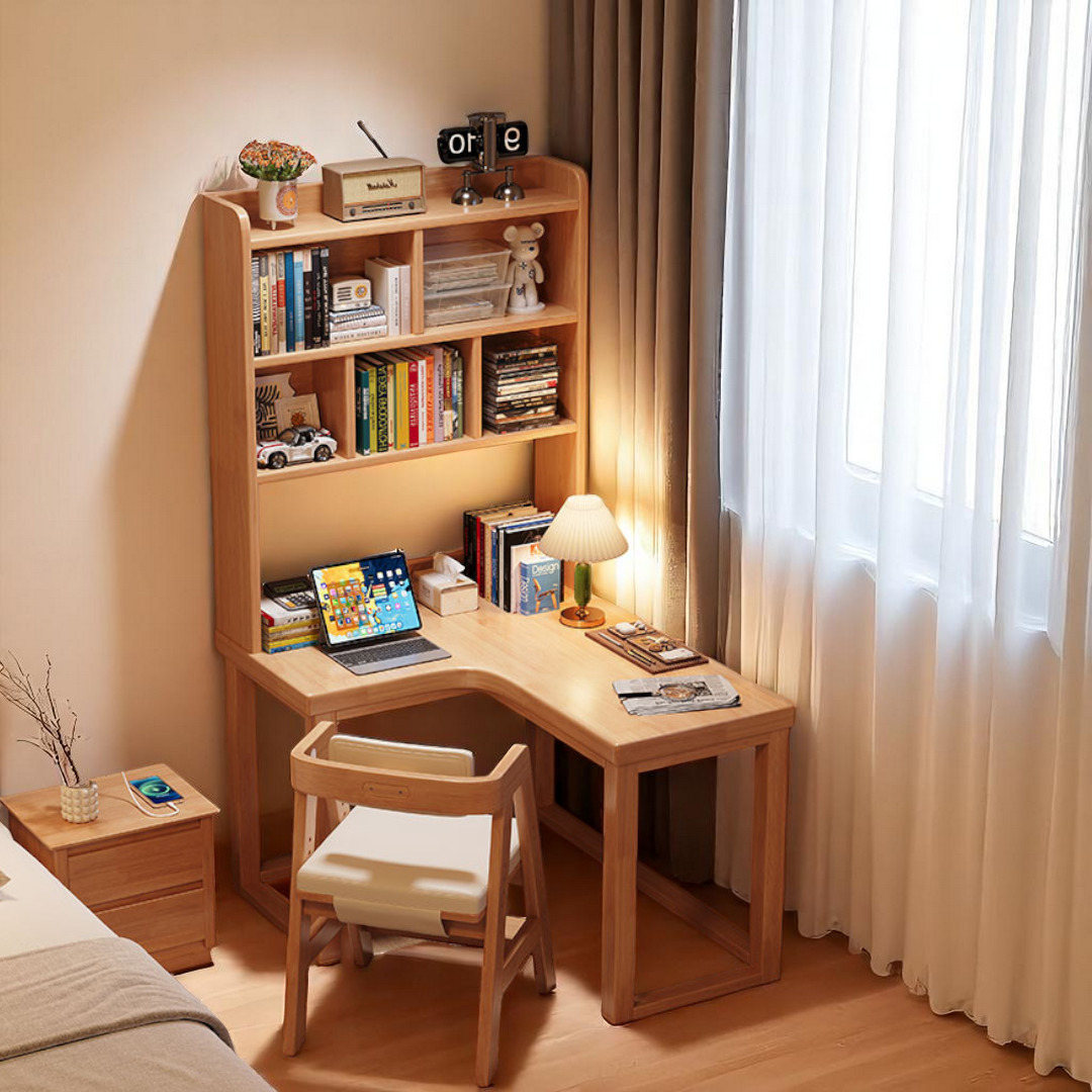 L Shape Study Room Corner L-Shaped Study Table - Solid Wood Desk with Bookshelf - Mr Nanyang