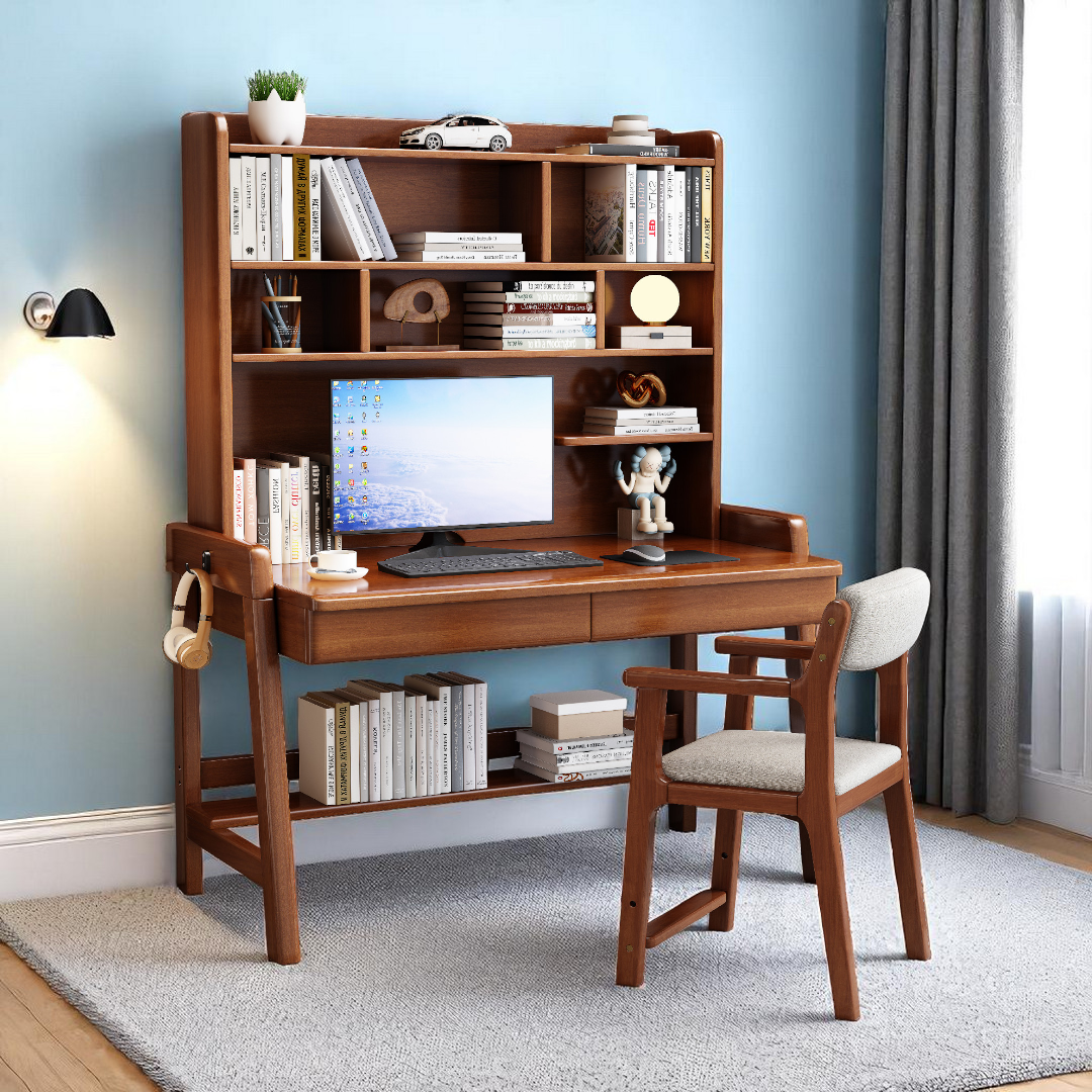 Solid Wood Study Table with Shelves-Drawers - Mr Nanyang