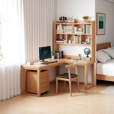 L-Shaped Solid Wood Study Table with Bookshelf for Students & Home Office - Mr Nanyang