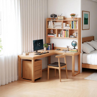 L-Shaped Solid Wood Study Table with Bookshelf for Students & Home Office - Mr Nanyang