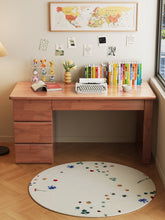 Load image into Gallery viewer, Full view of solid wood study table with 3 drawers showing desk height, drawer stack and leg profile