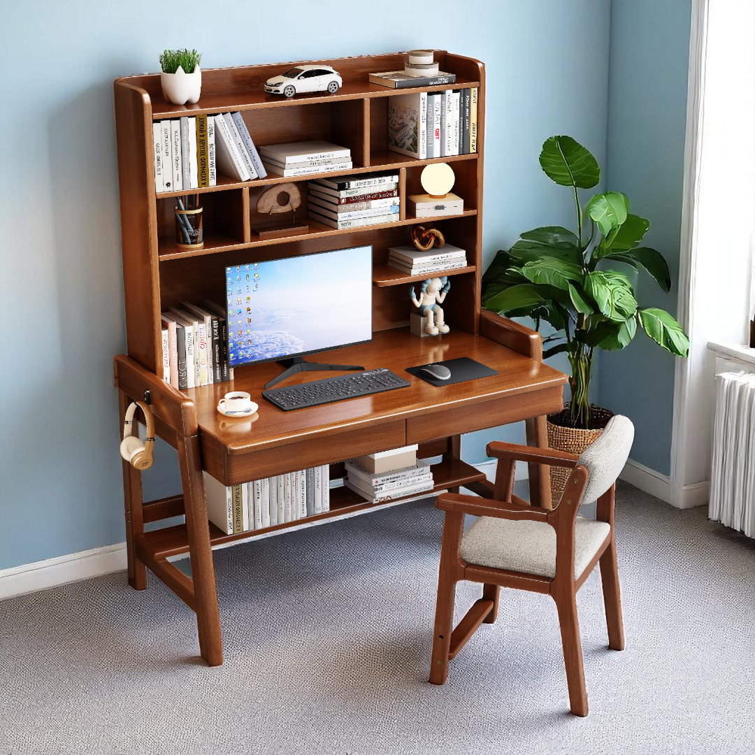 Solid Wood Study Table with Shelves-Drawers - Mr Nanyang