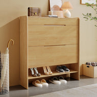 Solid wood shoe cabinet Singapore in natural rubberwood finish with flip-down doors