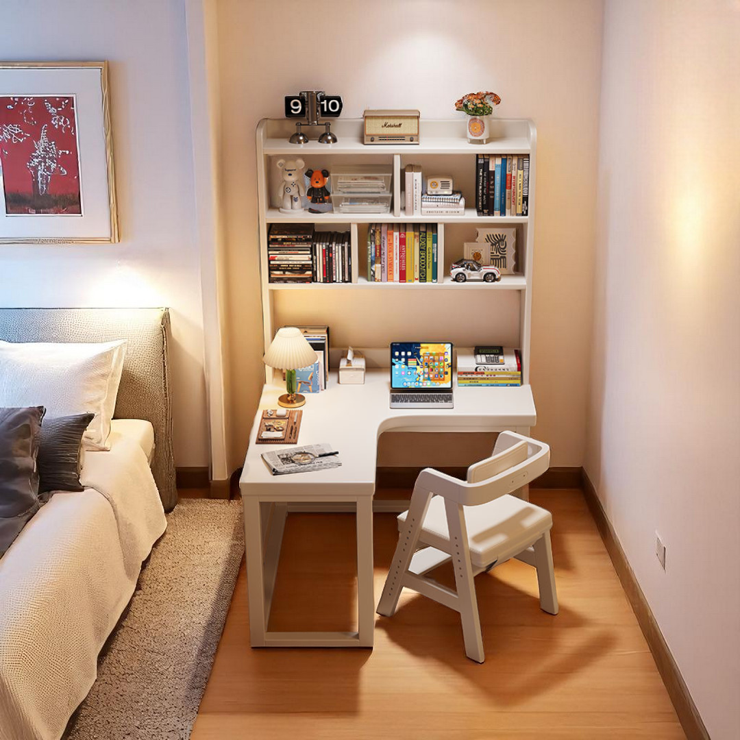 L Shape Study Room Corner L-Shaped Study Table - Solid Wood Desk with Bookshelf - Mr Nanyang