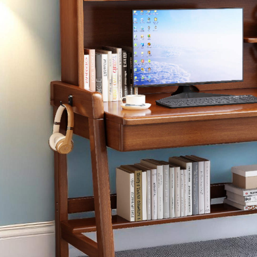 Solid Wood Study Table with Shelves-Drawers - Mr Nanyang