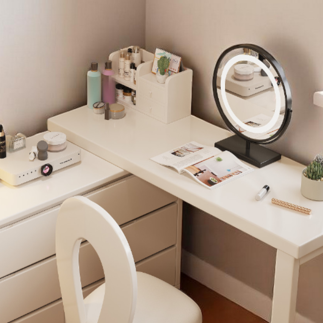 corner dressing table design Amazon.com: UPGENT Corner Makeup Vanity Table with Tri-fold Illuminated Mirror, Vanity Desk with Large-Capacity Secondary Cabinet, Bedroom Dressing Table with Stool for Small Spaces (Color : Gray, Size : 90CM) : Home