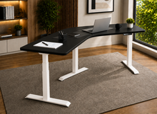 Load image into Gallery viewer, TriFlex Single 120-degree standing desk in black laminate with white legs, angled view