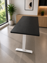 Load image into Gallery viewer, A modern adjustable height standing desk with a dark wood-grain top and a white T-style metal base, shown in a bright, contemporary office room.