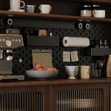 Load image into Gallery viewer, Close-up of coffee bar pegboard with espresso machine, paper towel holder, mugs and fruit bowl on the walnut counter.