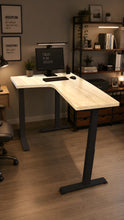 Load image into Gallery viewer, Side view of the L-shaped standing desk showing the 4 cm natural rubberwood top and black steel legs