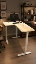 Load image into Gallery viewer, Side view of the L-shaped standing desk showing the 4 cm natural rubberwood top and white steel legs