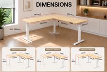 Load image into Gallery viewer, Dimension diagram for the ErgoFlex L-shaped standing desk, 1400, 1600 and 1800 mm sizes with 600 to 1200 mm height range