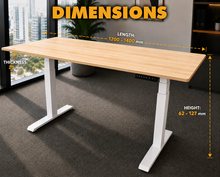 Load image into Gallery viewer, Dimension diagram for the solid wood adjustable study table, 1200 and 1400 mm widths, 700 to 1150 mm height range
