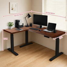Load image into Gallery viewer, Dimension guide for the solid wood L-shaped standing desk showing long run length, return length and 50 cm depth