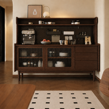Load image into Gallery viewer, Front view of dark walnut sideboard cabinet with coffee bar hutch, fluted glass doors and three side drawers.
