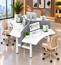 Load image into Gallery viewer, TriFlex Workstation three-person 120-degree cluster in white laminate with white legs and grey partitions