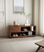 Load image into Gallery viewer, Solid wood entryway cabinet Singapore in walnut with pull-out drawer and open shoe shelves